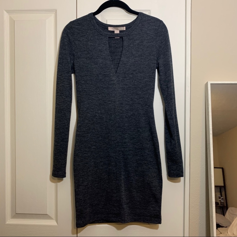 Gray Long Sleeve Bodycon Dress with Keyhole Neck